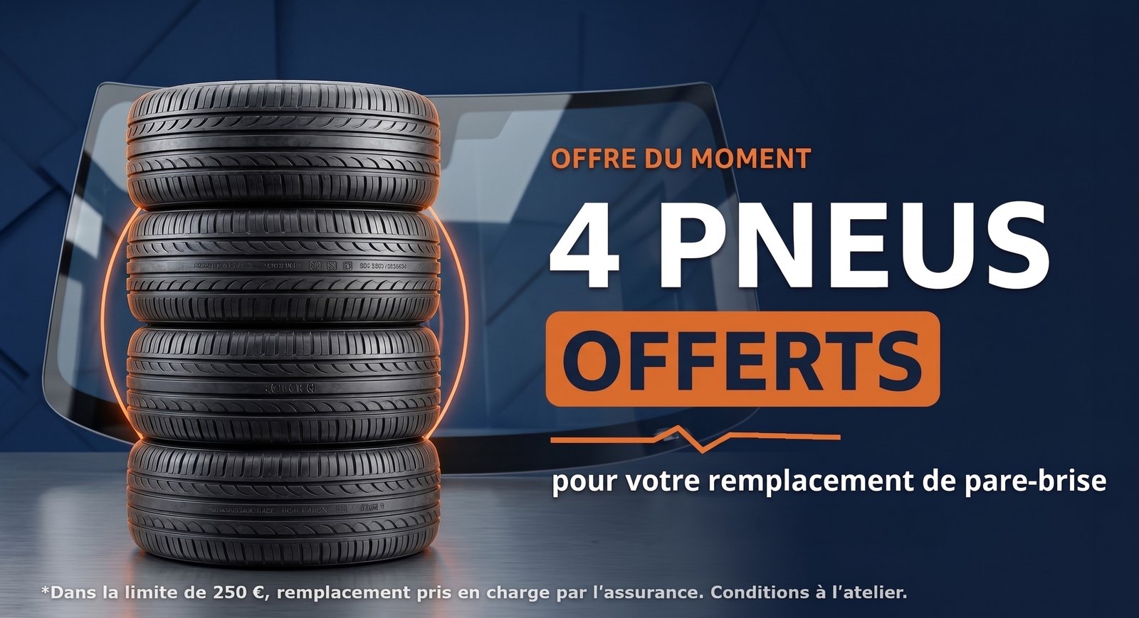 4 pneus neufs offerts pour votre remplacement de pare-brise